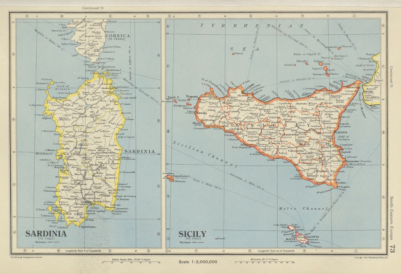 Associate Product ITALY. Sicily and Sardinia Sardegna. Aeolian islands. BARTHOLOMEW 1947 old map