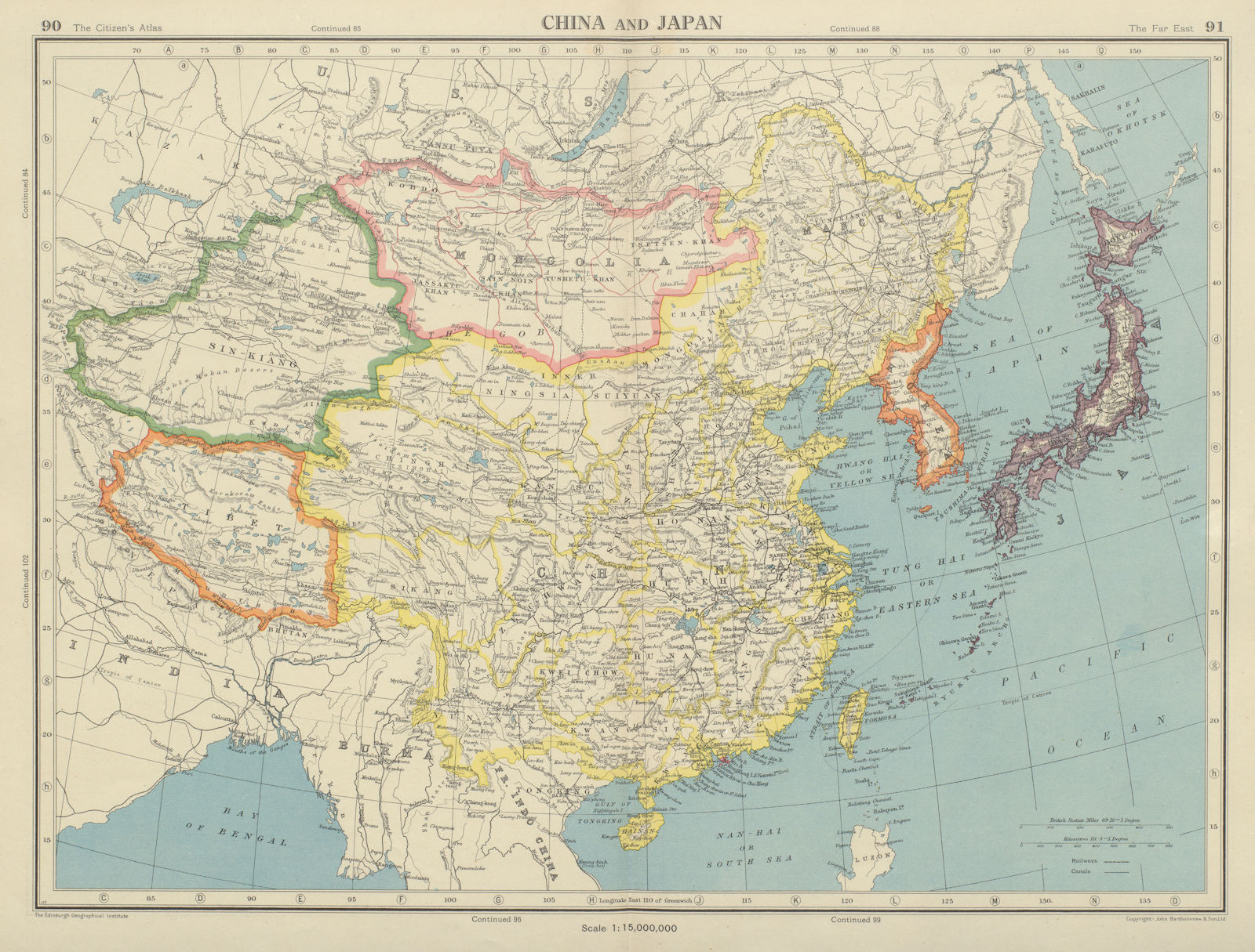 EAST ASIA. China & Japan. Independent Tibet & Xinjiang. BARTHOLOMEW 1947 map