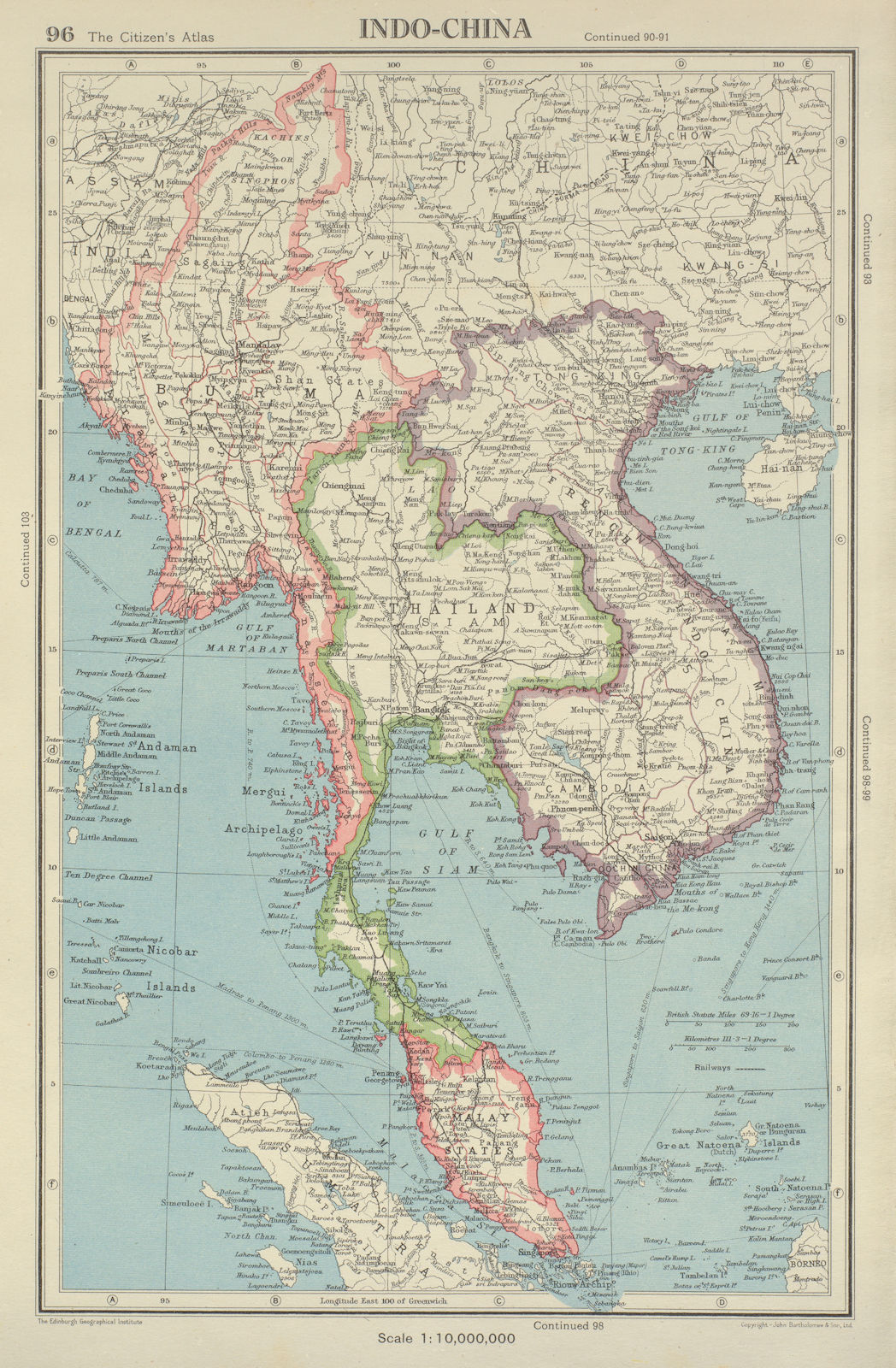 INDOCHINA. Burma Malay States French Indochina Thailand. BARTHOLOMEW 1947 map