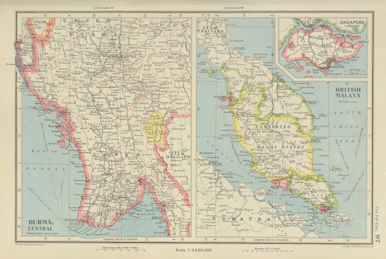 MALAYA & CENTRAL BURMA. Singapore Penang Malacca Federated Malay States 1947 map