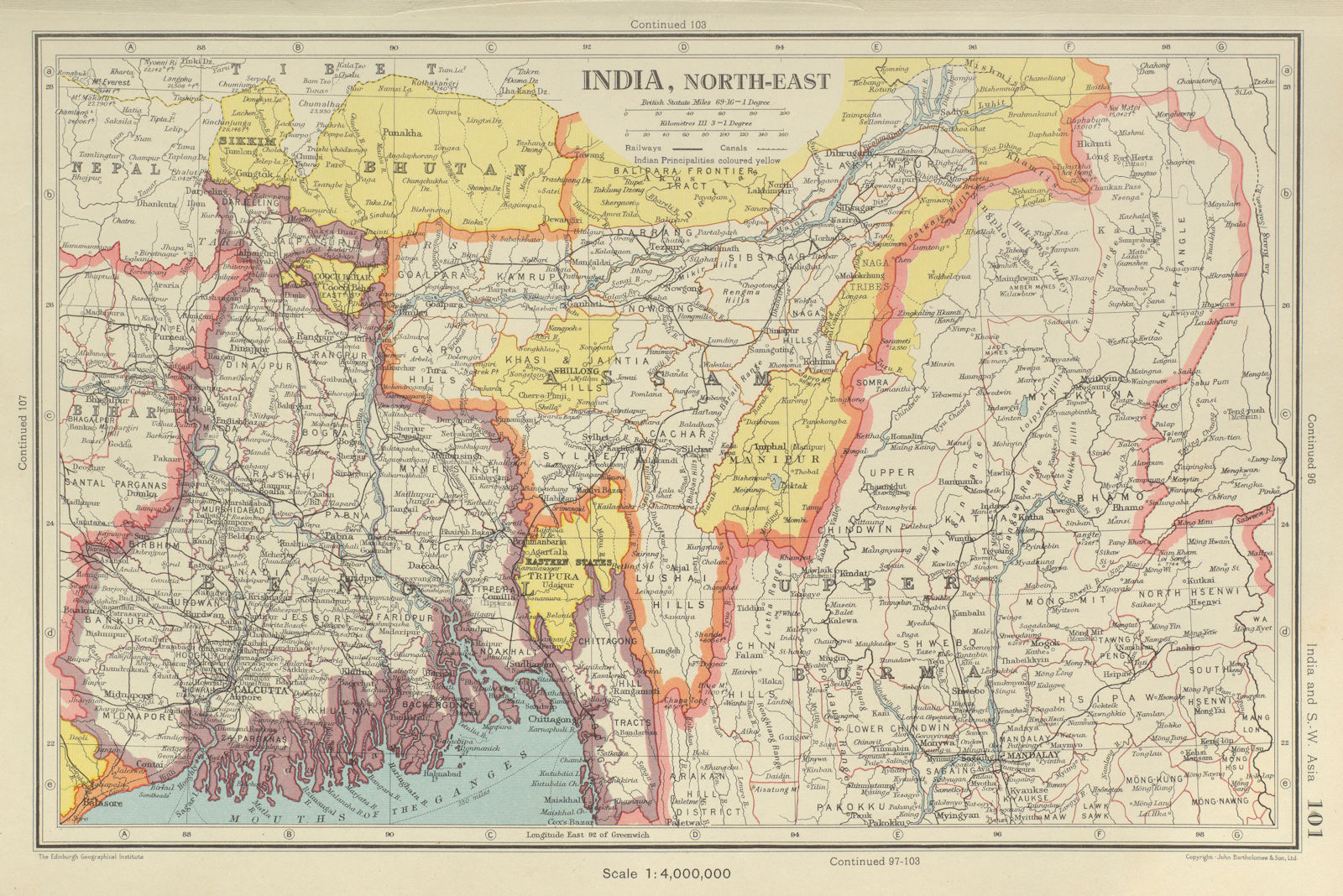 BRITISH INDIA NORTH EAST. Bengal Assam Bhutan Upper Burma. BARTHOLOMEW 1947 map