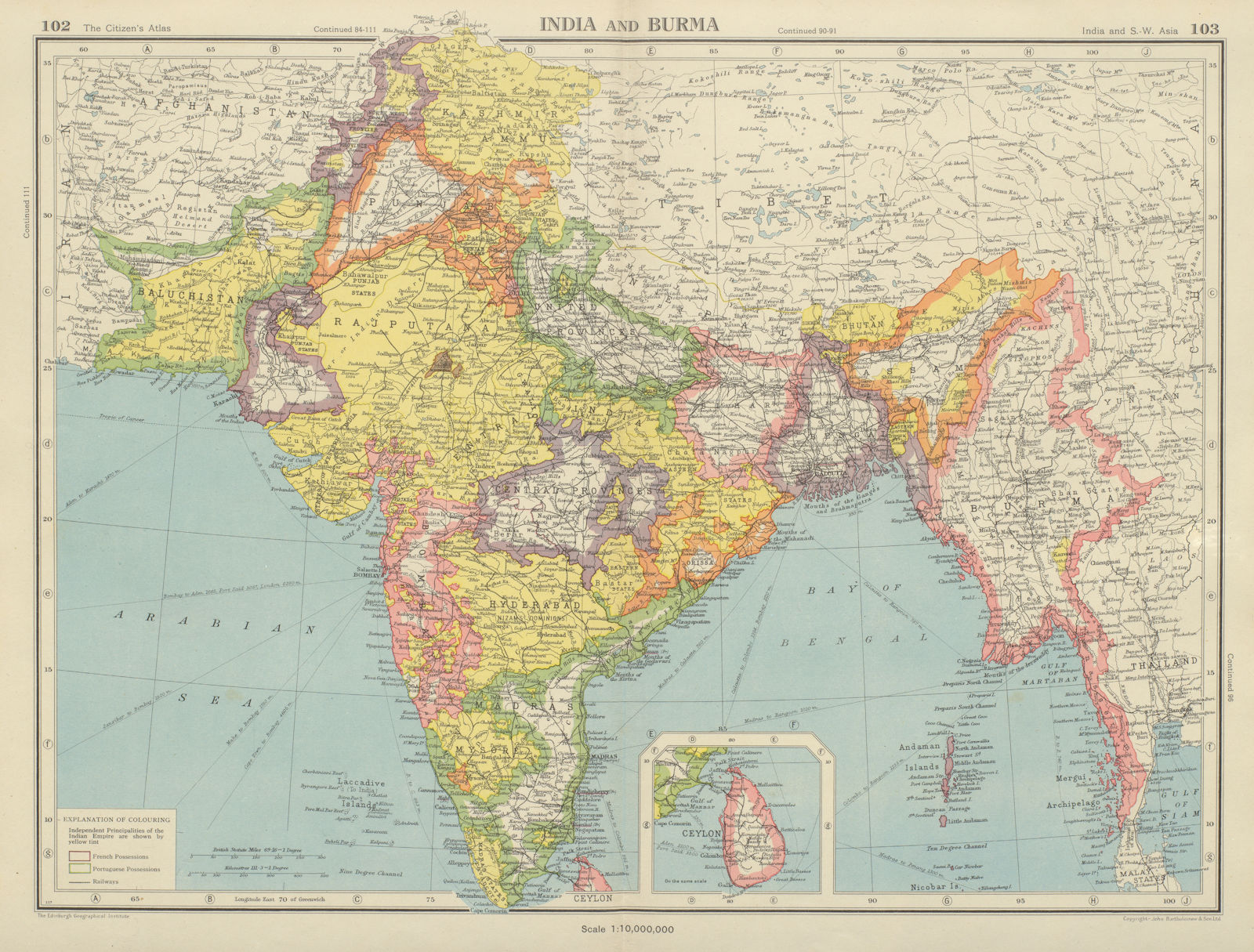 BRITISH INDIA. South Asia Burma French/Portuguese enclaves. BARTHOLOMEW 1947 map