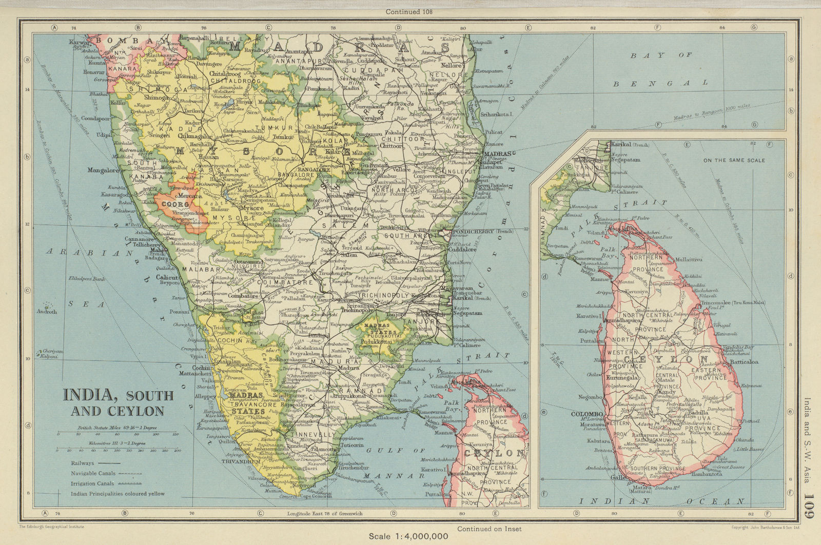 INDIA SOUTH & CEYLON (SRI LANKA) . Mysore Madras (Chennai) Kochi 1947 old map