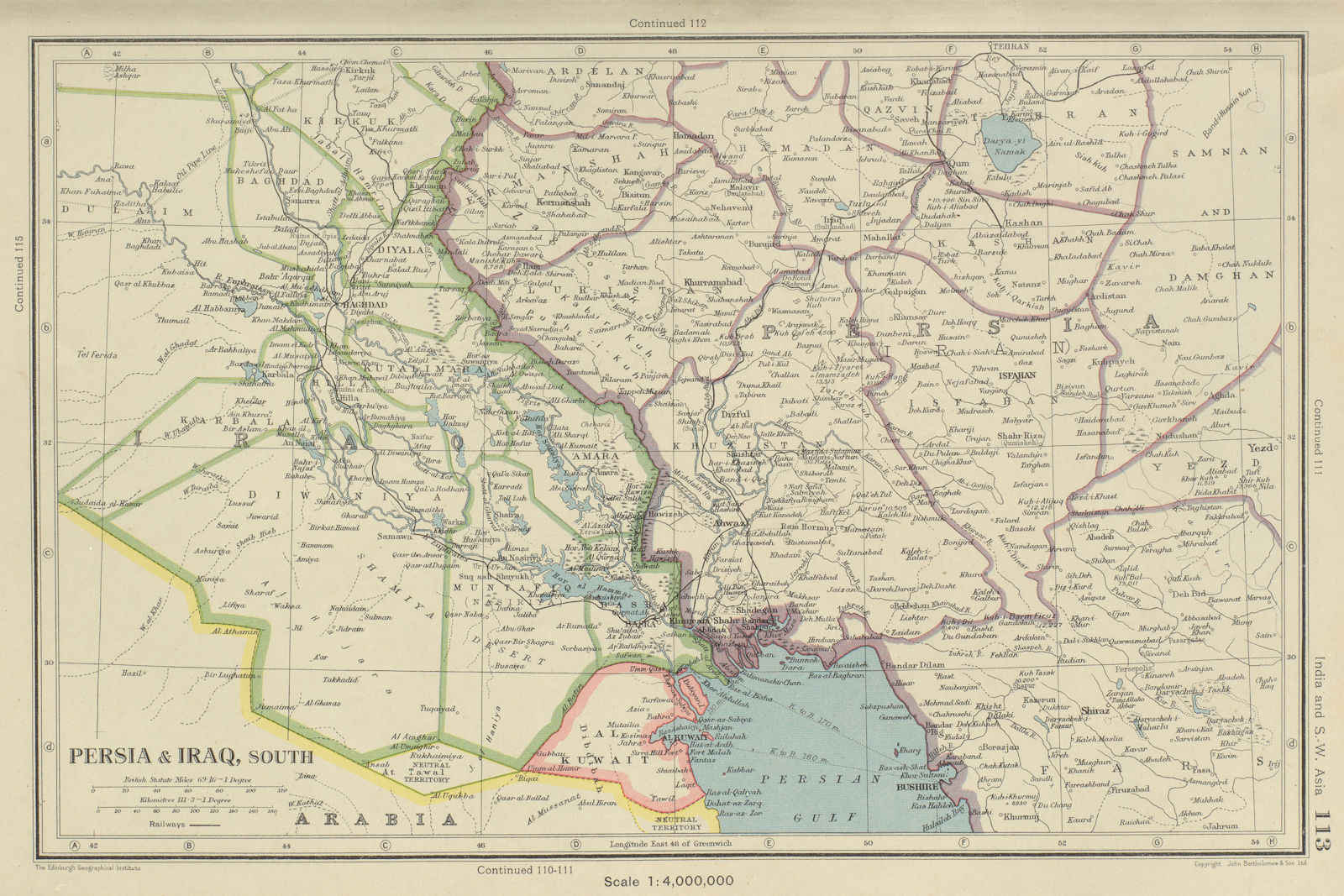 MIDDLE EAST Persia (Iran) & Iraq south. Kuwait. Iraq/Saudi neutral zone 1947 map