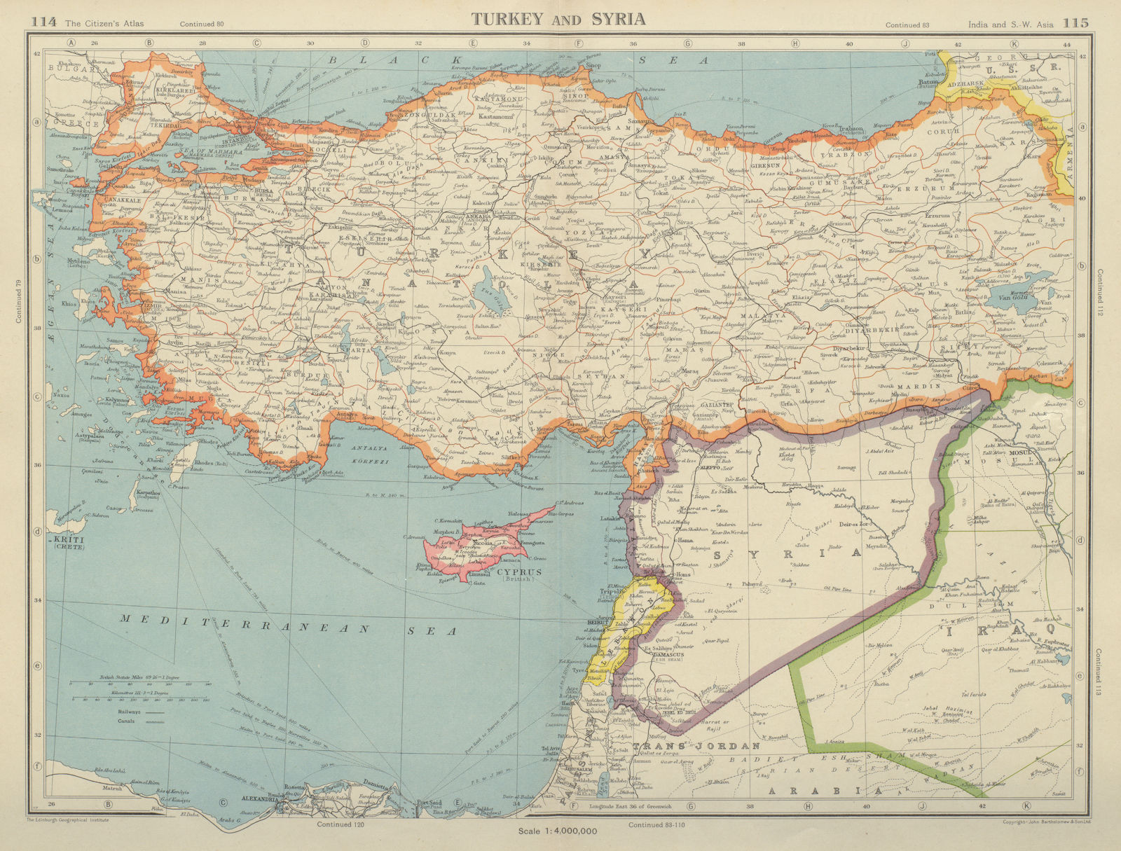 TURKEY & LEVANT. Newly-independent Lebanon. Syria. Palestine pre Israel 1947 map