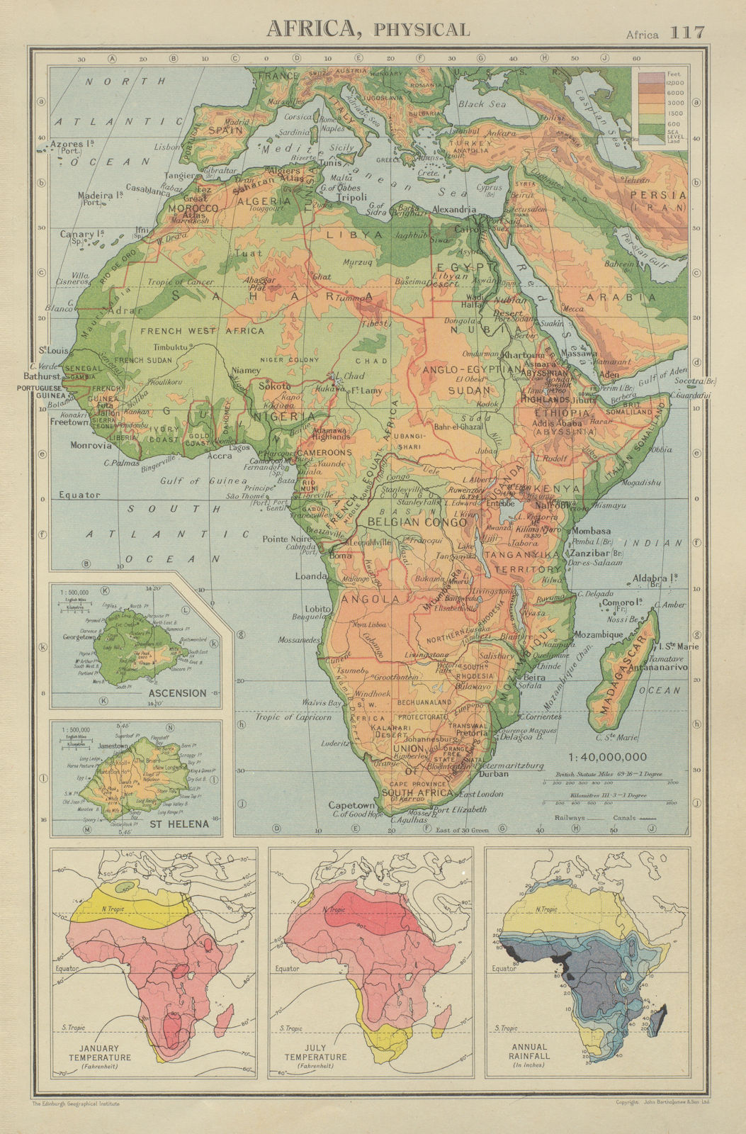 Associate Product AFRICA PHYSICAL & CLIMATE January July temperature Rainfall BARTHOLOMEW 1947 map