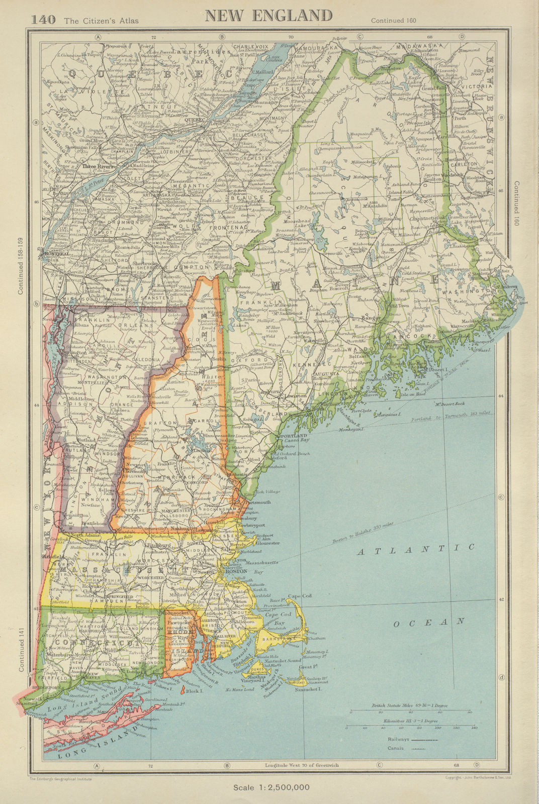 Associate Product NEW ENGLAND. Connecticut Massachusetts Vermont NH Maine RI. BARTHOLOMEW 1947 map