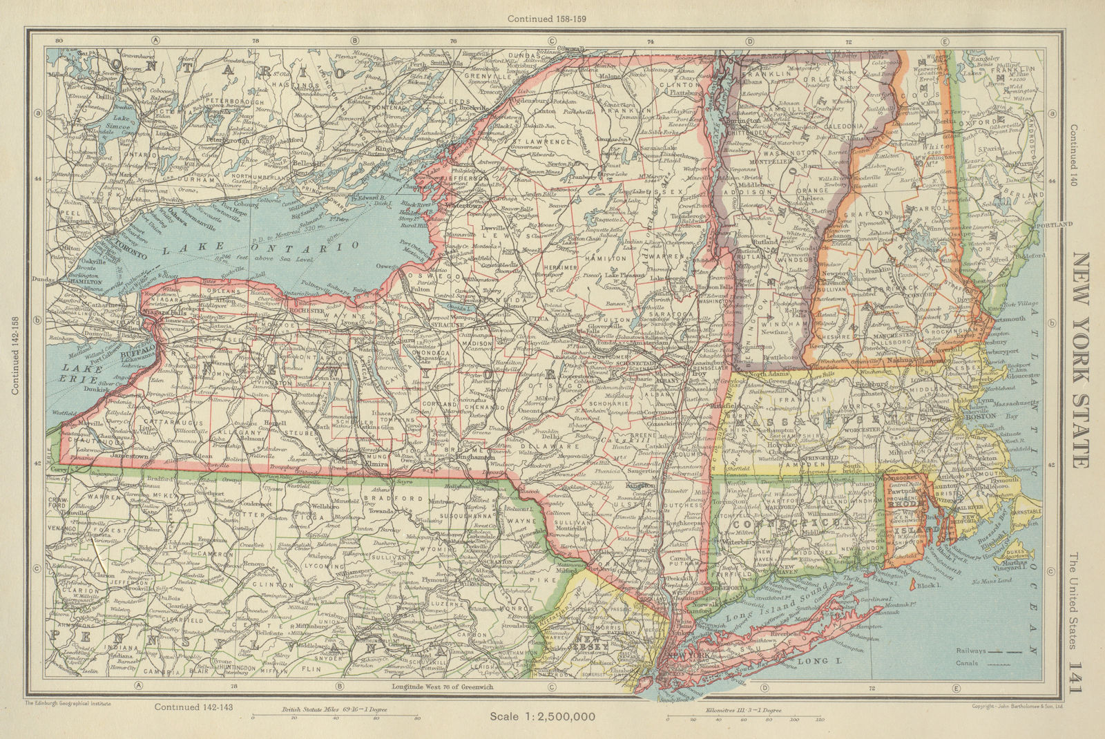 Map Of Vermont And New York New York State. + Connecticut Vermont Massachusetts Ri. Bartholomew 1947 Map