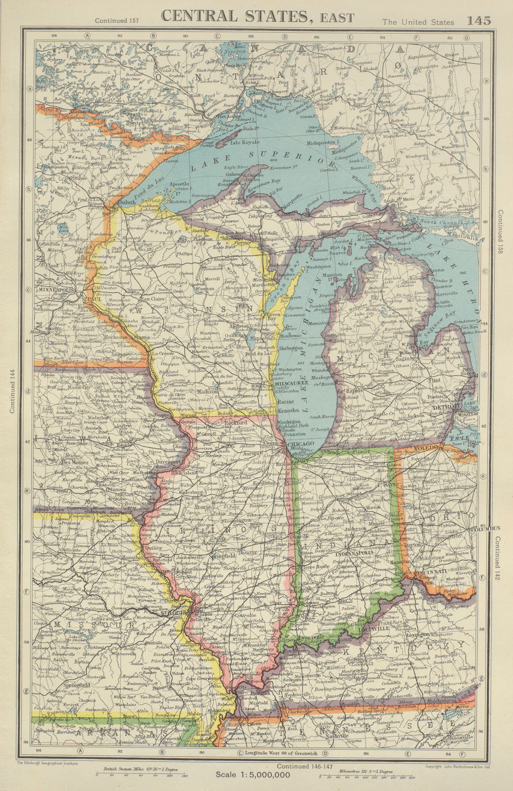 MIDWEST USA. WI Michigan Illinois Indiana. Great Lakes. BARTHOLOMEW 1947 map