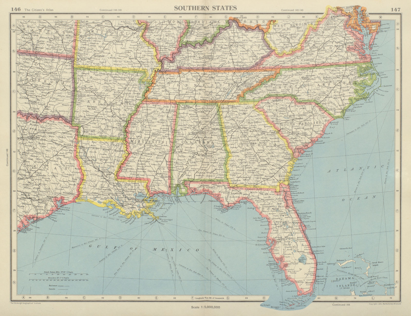 Associate Product USA SOUTHERN STATES Florida Georgia LA MS AL NC SC TN AR KY BARTHOLOMEW 1947 map