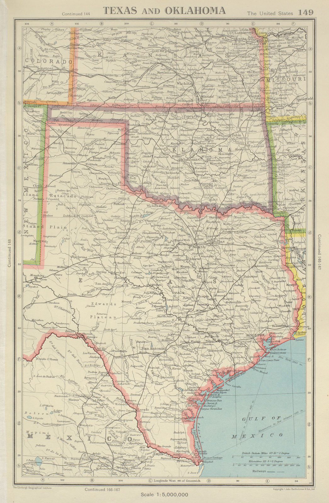 TEXAS AND OKLAHOMA. USA state map. BARTHOLOMEW 1947 old vintage plan chart