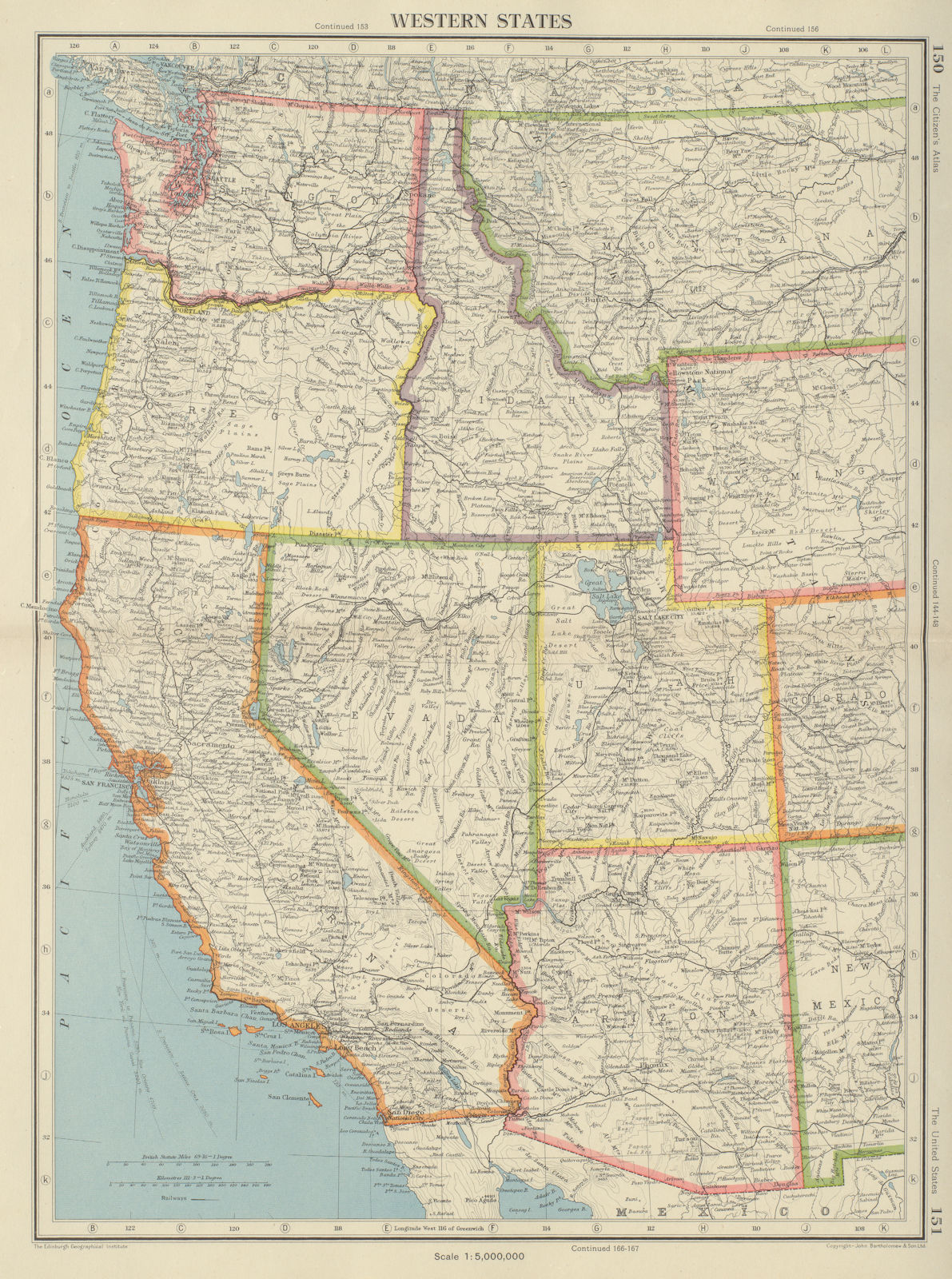 Associate Product USA WESTERN STATES. California Washington WA ID NV AZ UT. BARTHOLOMEW 1947 map