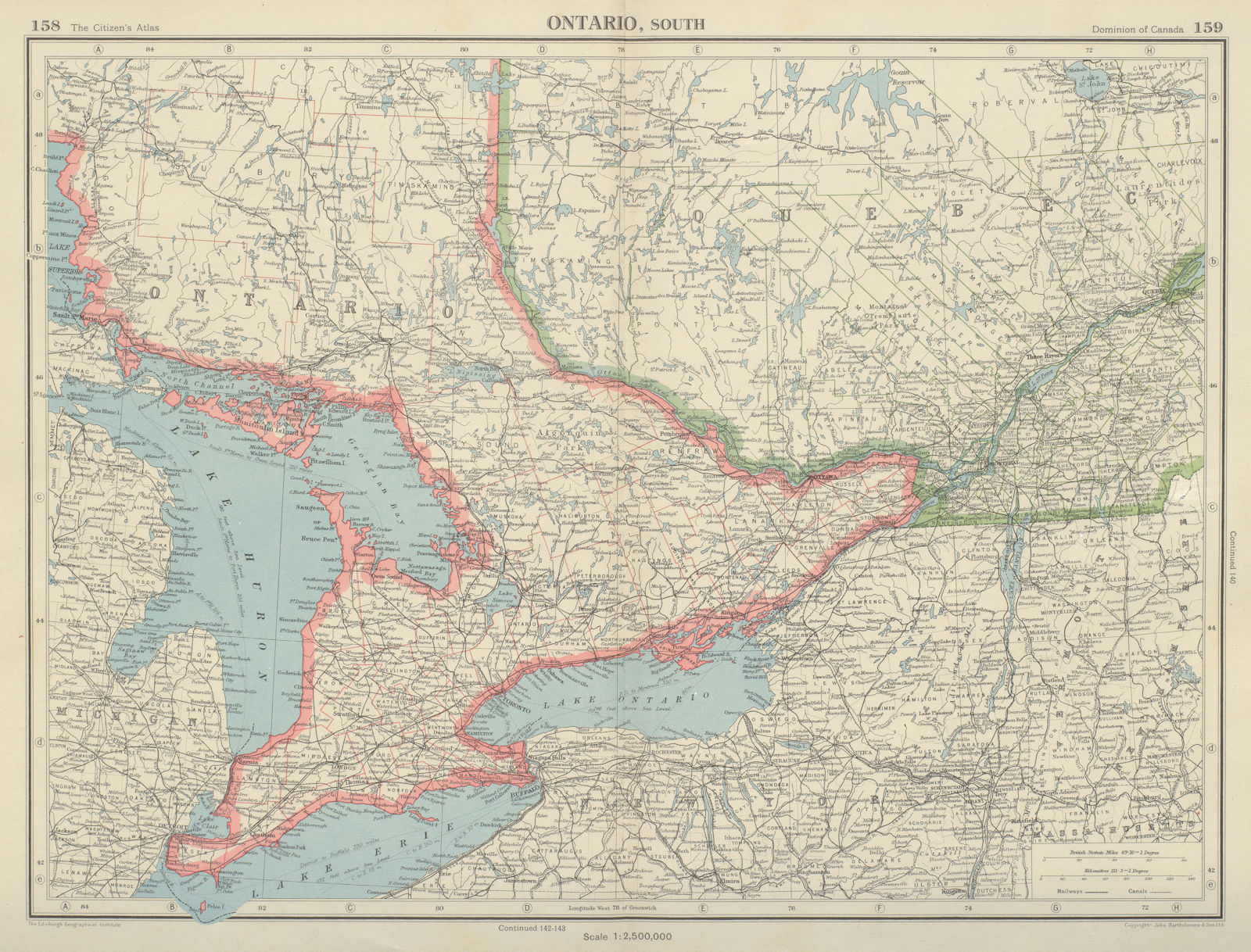 Associate Product ONTARIO SOUTH. counties. Lake Ontario Huron Erie. Canada. BARTHOLOMEW 1947 map