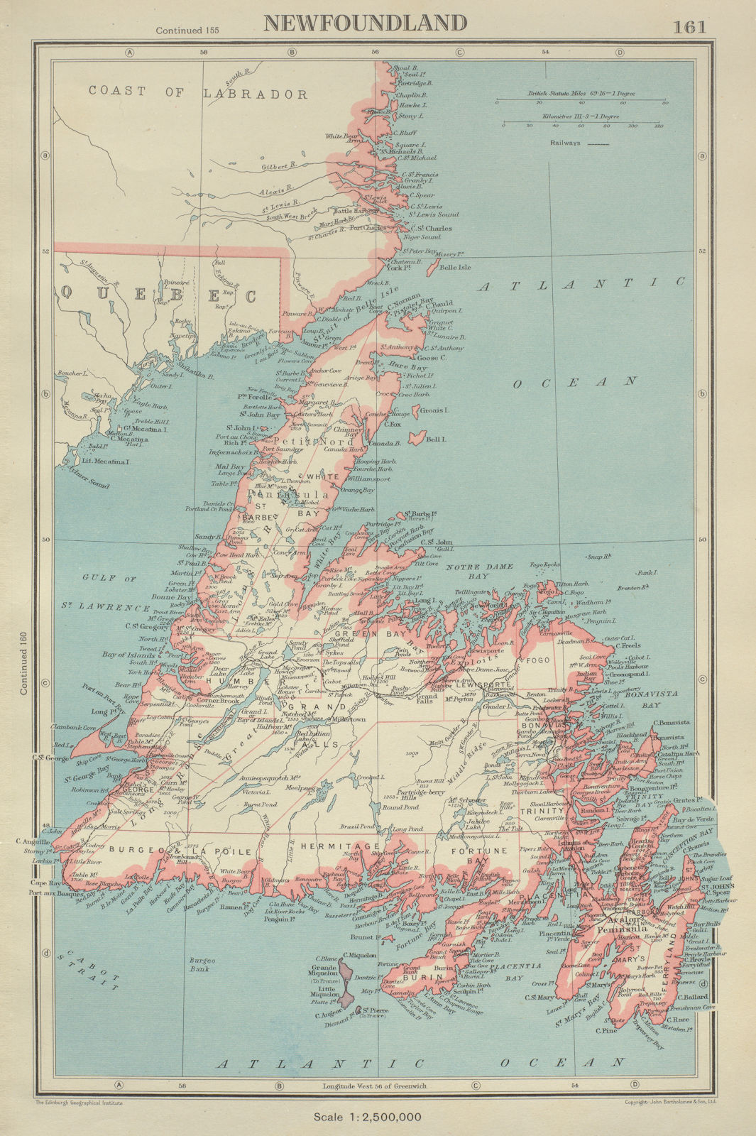 NEWFOUNDLAND showing divisions. St Pierre Miquelon. Canada. BARTHOLOMEW 1947 map