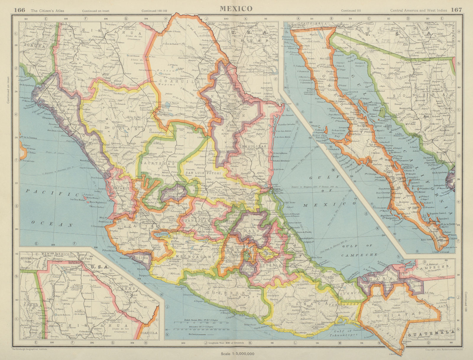 MEXICO. showing states. Baja California. BARTHOLOMEW 1947 old vintage map
