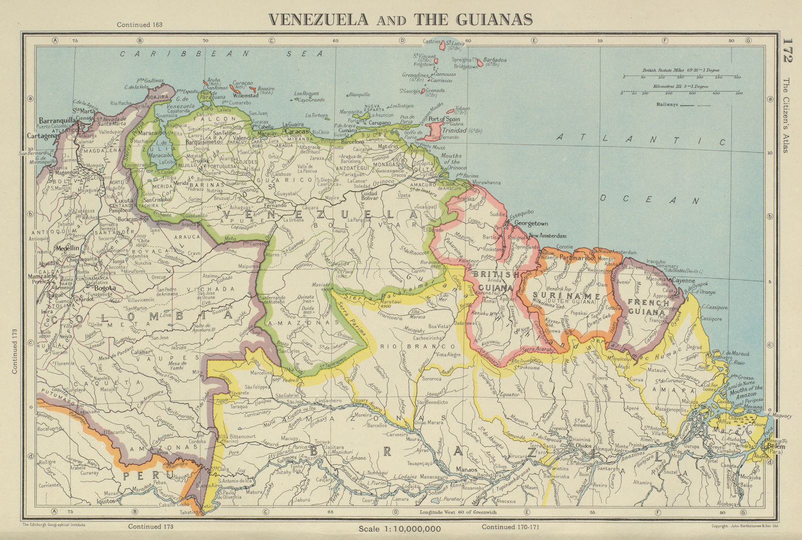 VENEZUELA & THE GUIANAS. British French Dutch Suriname. BARTHOLOMEW 1947 map