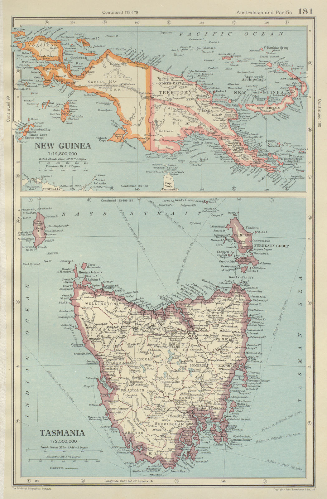 AUSTRALASIA. New Guinea; Tasmania showing counties. BARTHOLOMEW 1947 old map