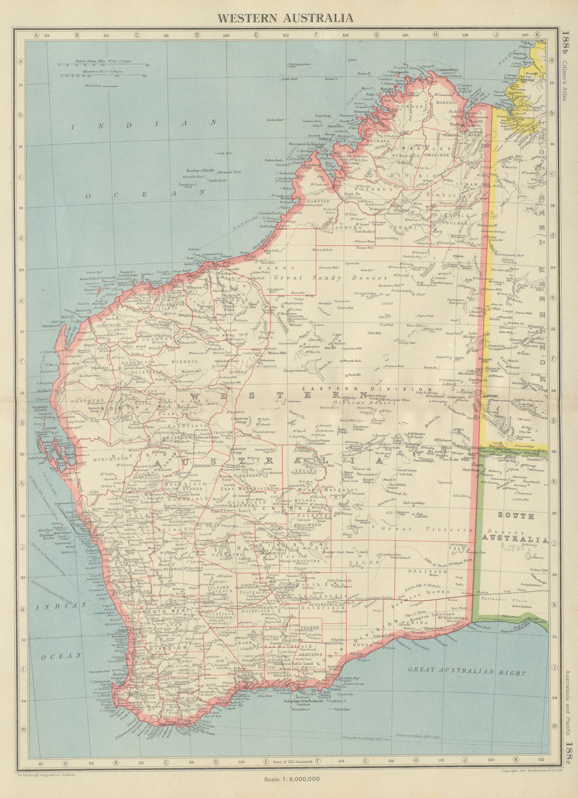 WESTERN AUSTRALIA. showing land districts & goldfields. BARTHOLOMEW 1947 map