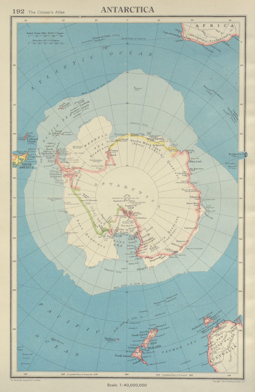 ANTARCTICA claims exploration Ross Enderby Weddell Victoria quadrants 1947 map