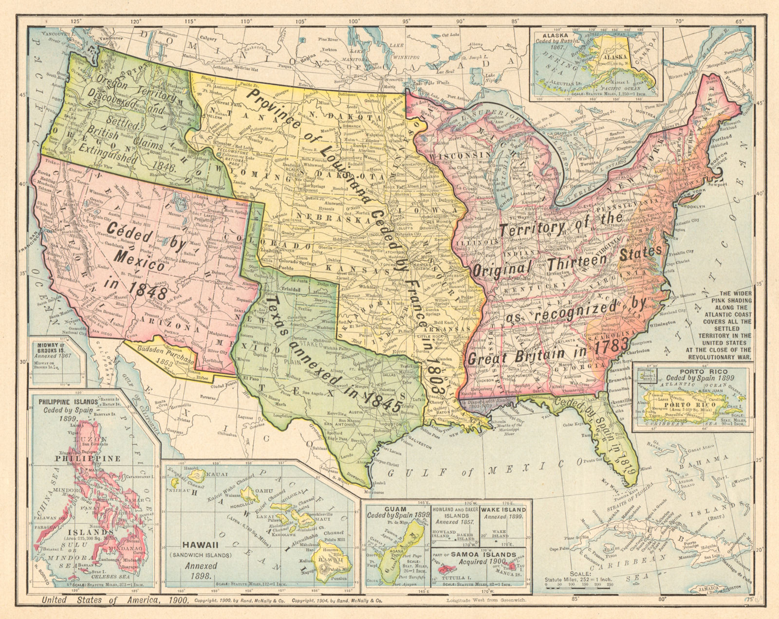 USA territorial development. Gadsden/Louisiana Purchase. RAND MCNALLY 1906 map