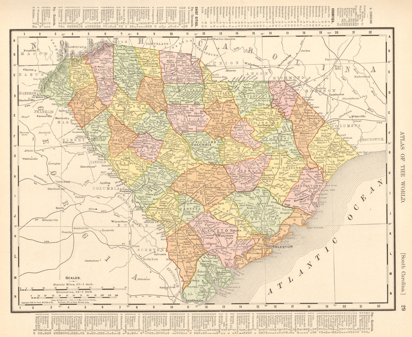 South Carolina state map showing counties. RAND MCNALLY 1906 old antique