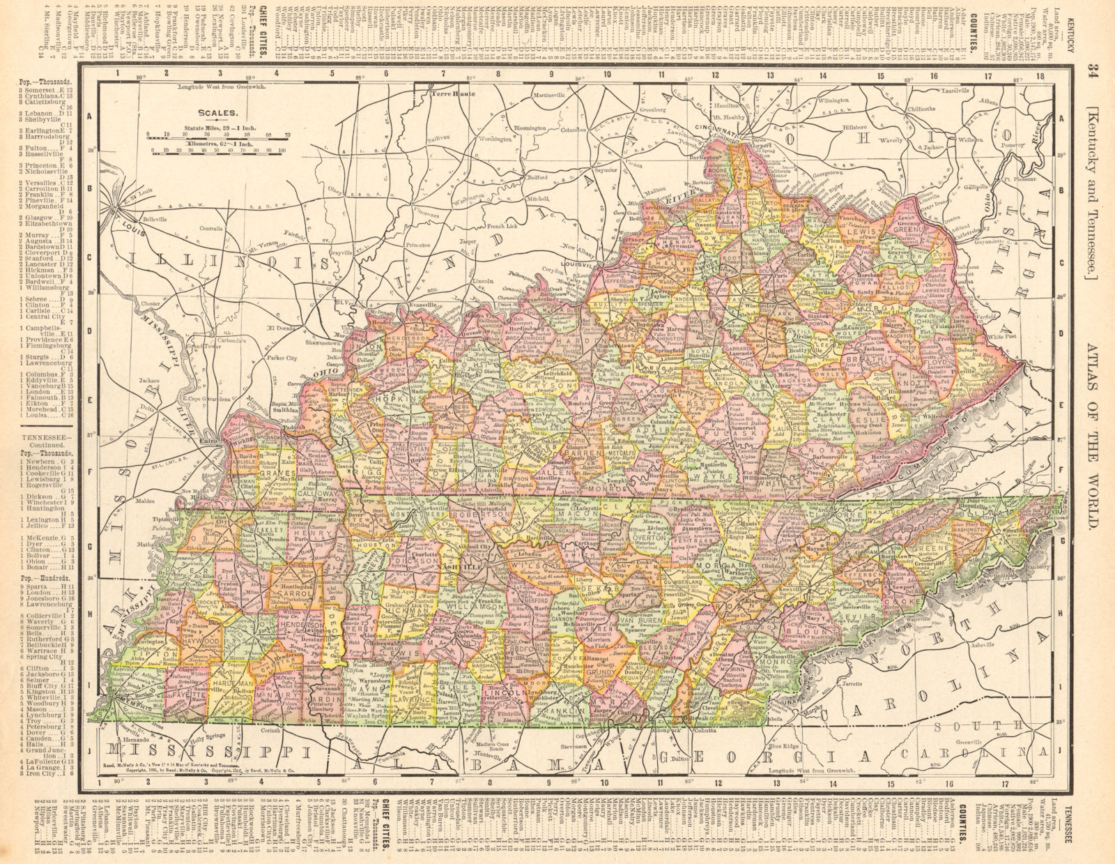 Associate Product Kentucky and Tennessee state map showing counties. RAND MCNALLY 1906 old
