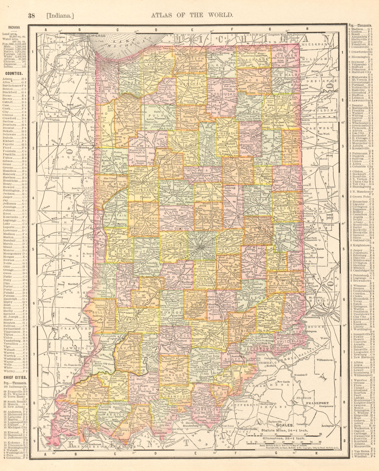 Associate Product Indiana state map showing counties. RAND MCNALLY 1906 old antique chart