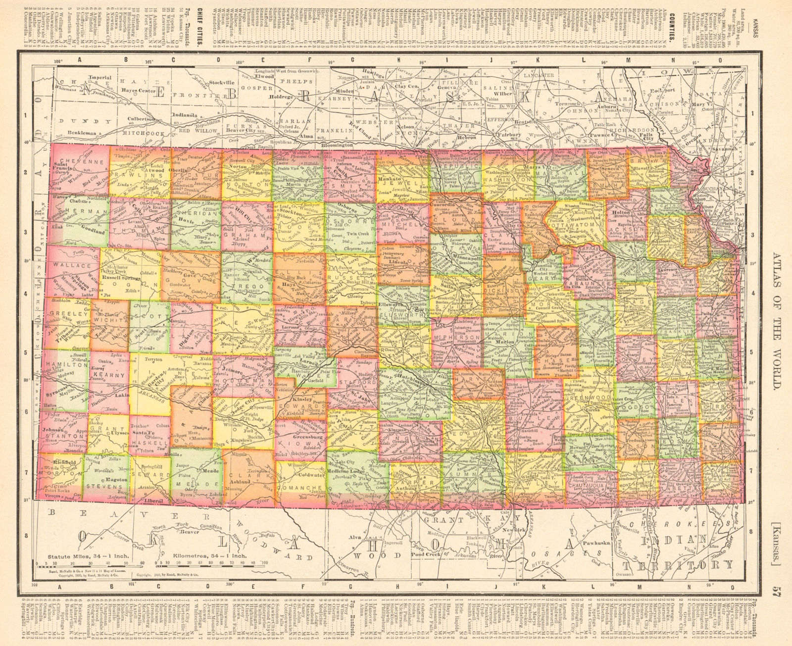 Kansas state map showing counties. RAND MCNALLY 1906 old antique chart