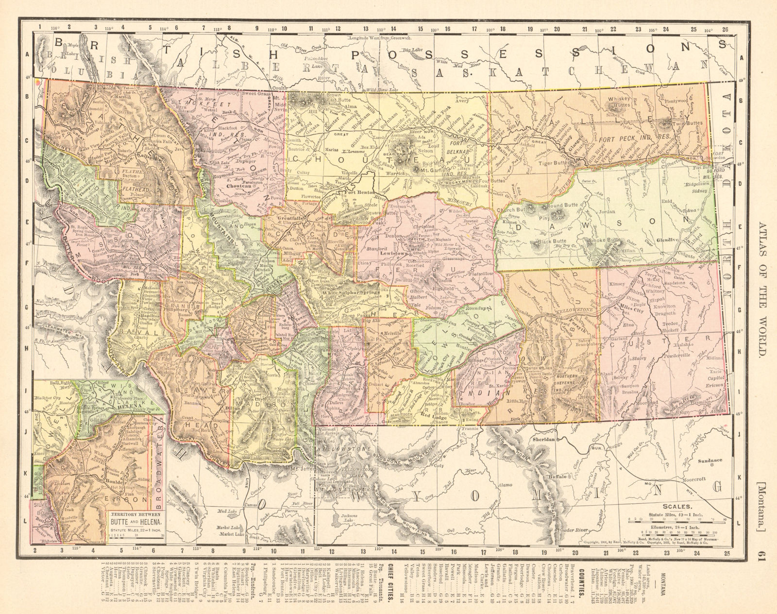Montana state map showing counties. Yellowstone. RAND MCNALLY 1906 old