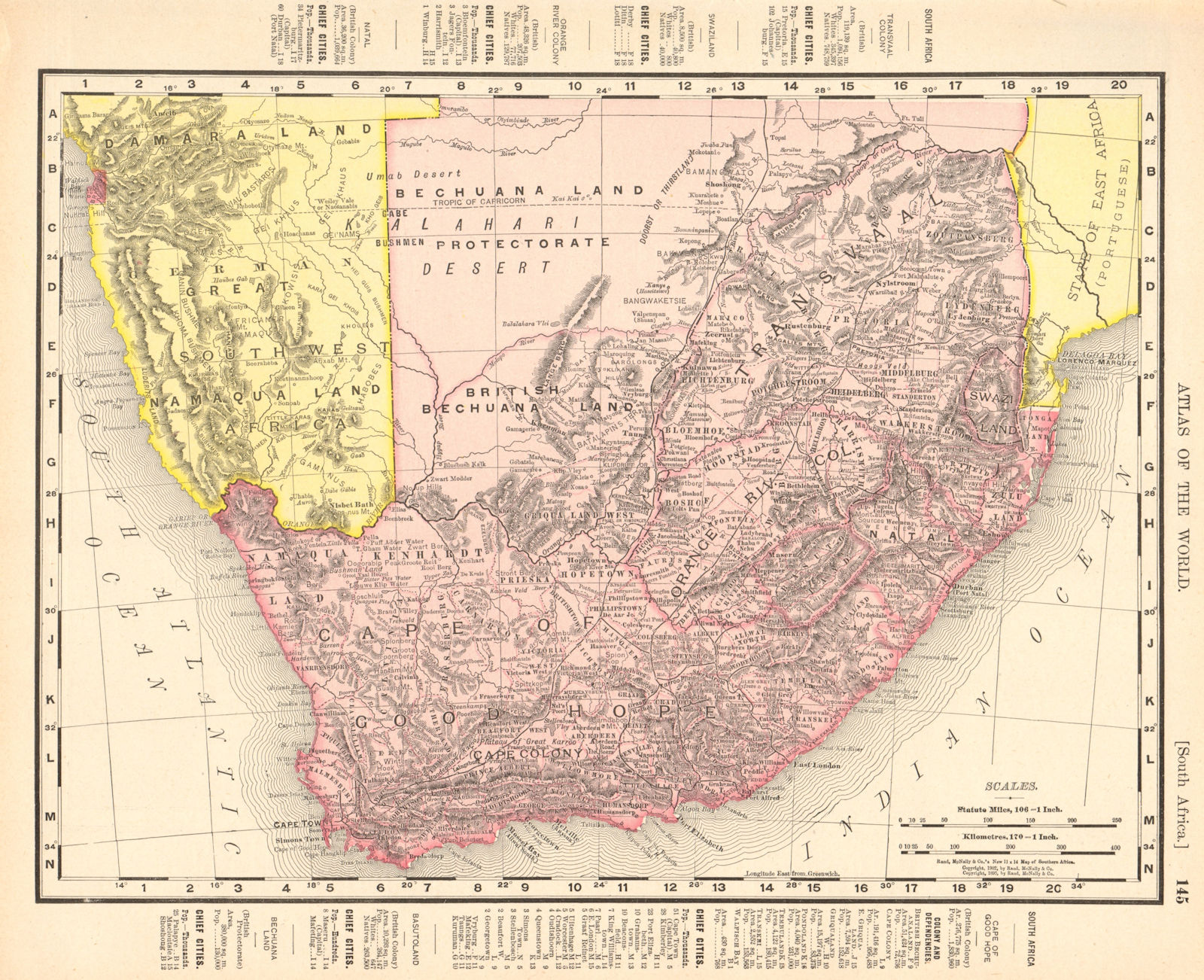 UNION OF SOUTH AFRICA. Rhodesia. Walvis Bay exclave. RAND MCNALLY 1906 old map