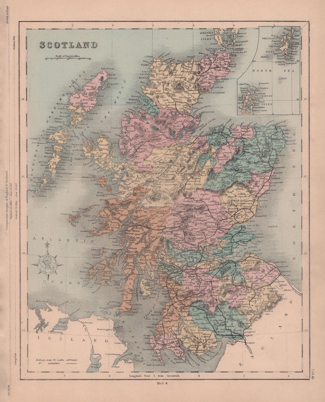 Scotland with counties and railways. HUGHES 1876 old antique map plan chart