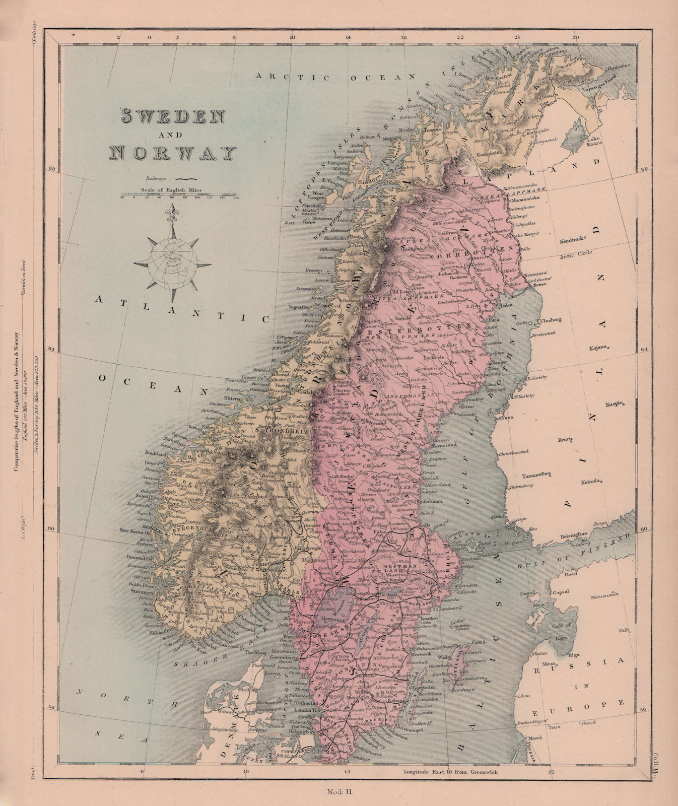 Sweden and Norway. Scandinavia. Railways. HUGHES 1876 old antique map chart