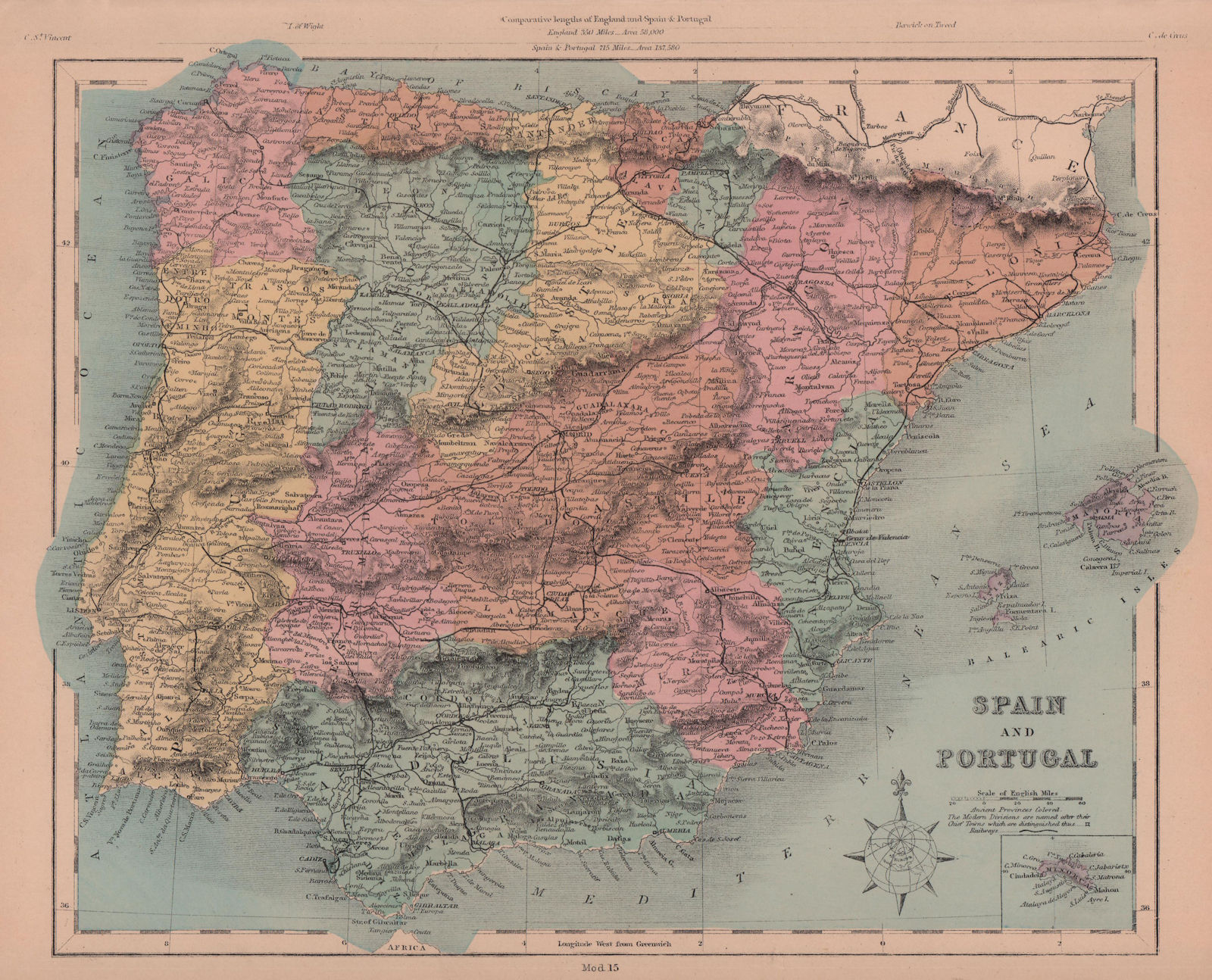 Spain and Portugal. Iberia. Railways. HUGHES 1876 old antique map plan chart