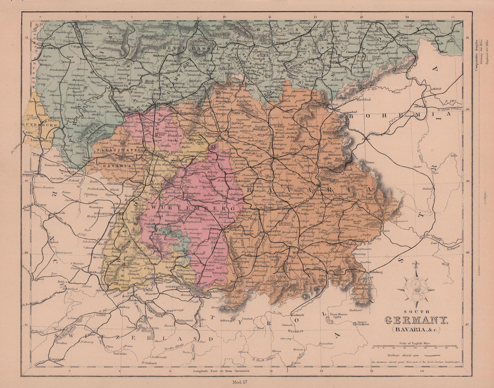 Associate Product South Germany. Bavaria & Württemberg. Railways. HUGHES 1876 old antique map