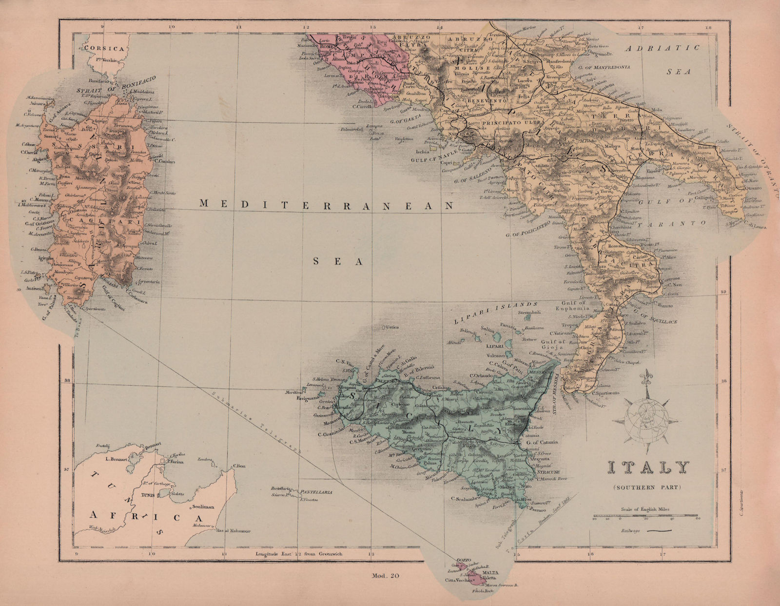 Associate Product Southern Italy. Sardinia & Sicily. Railways. HUGHES 1876 old antique map chart