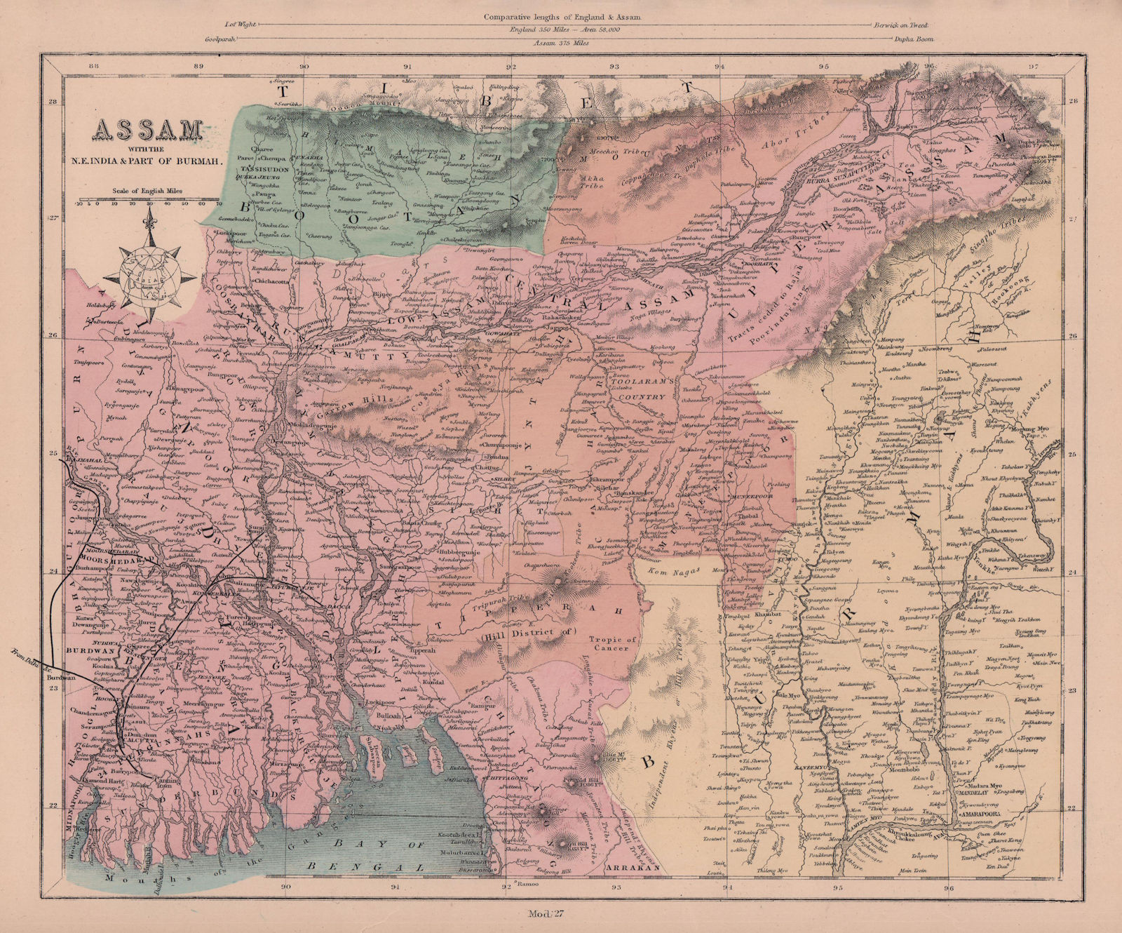 Assam with north east India & part of Burmah. Bangladesh Bhutan. HUGHES 1876 map
