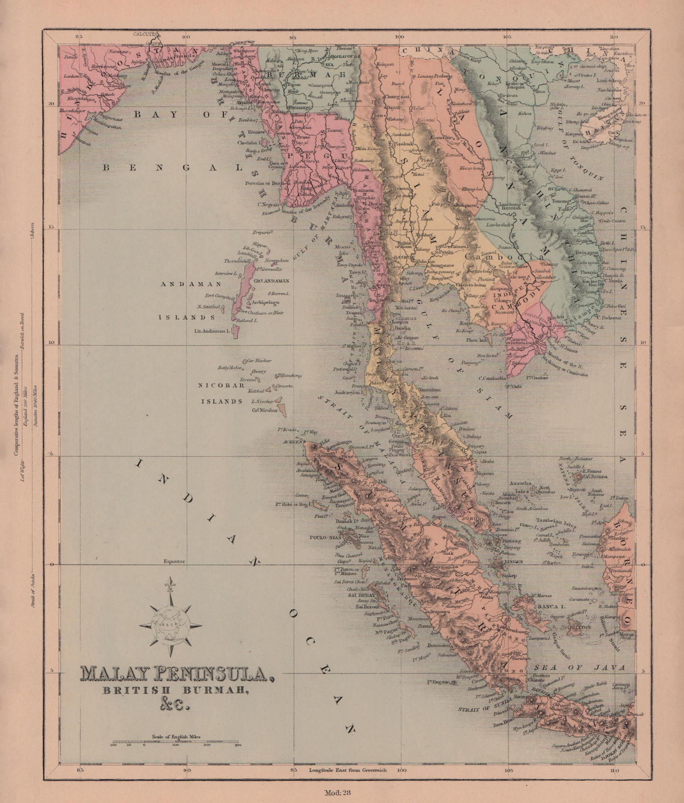 Malay Peninsula, British Burmah. Siam Sumatra Indochina Annam. HUGHES 1876 map
