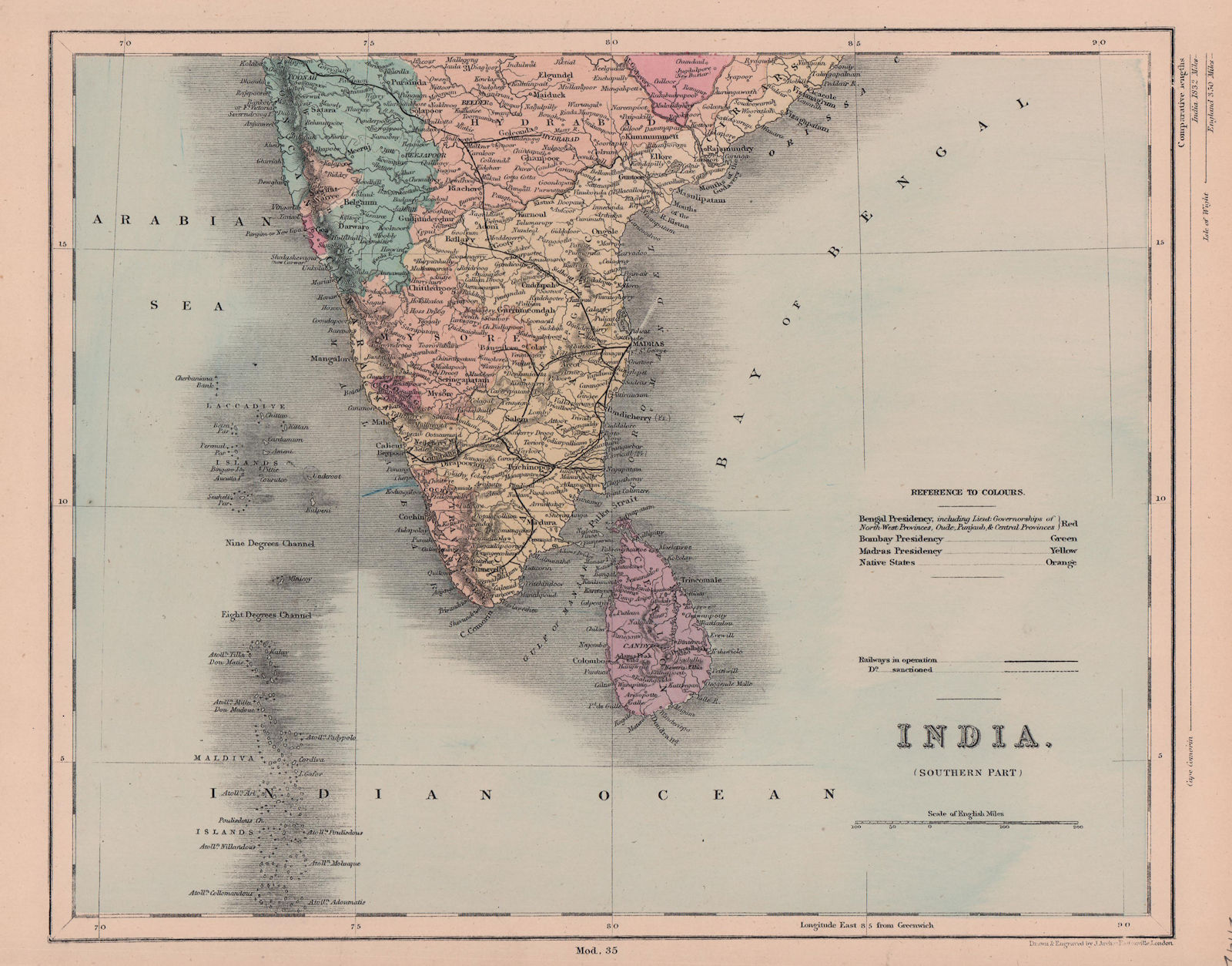 Associate Product Southern India, Ceylon/Sri Lanka & the Maldives. HUGHES 1876 old antique map