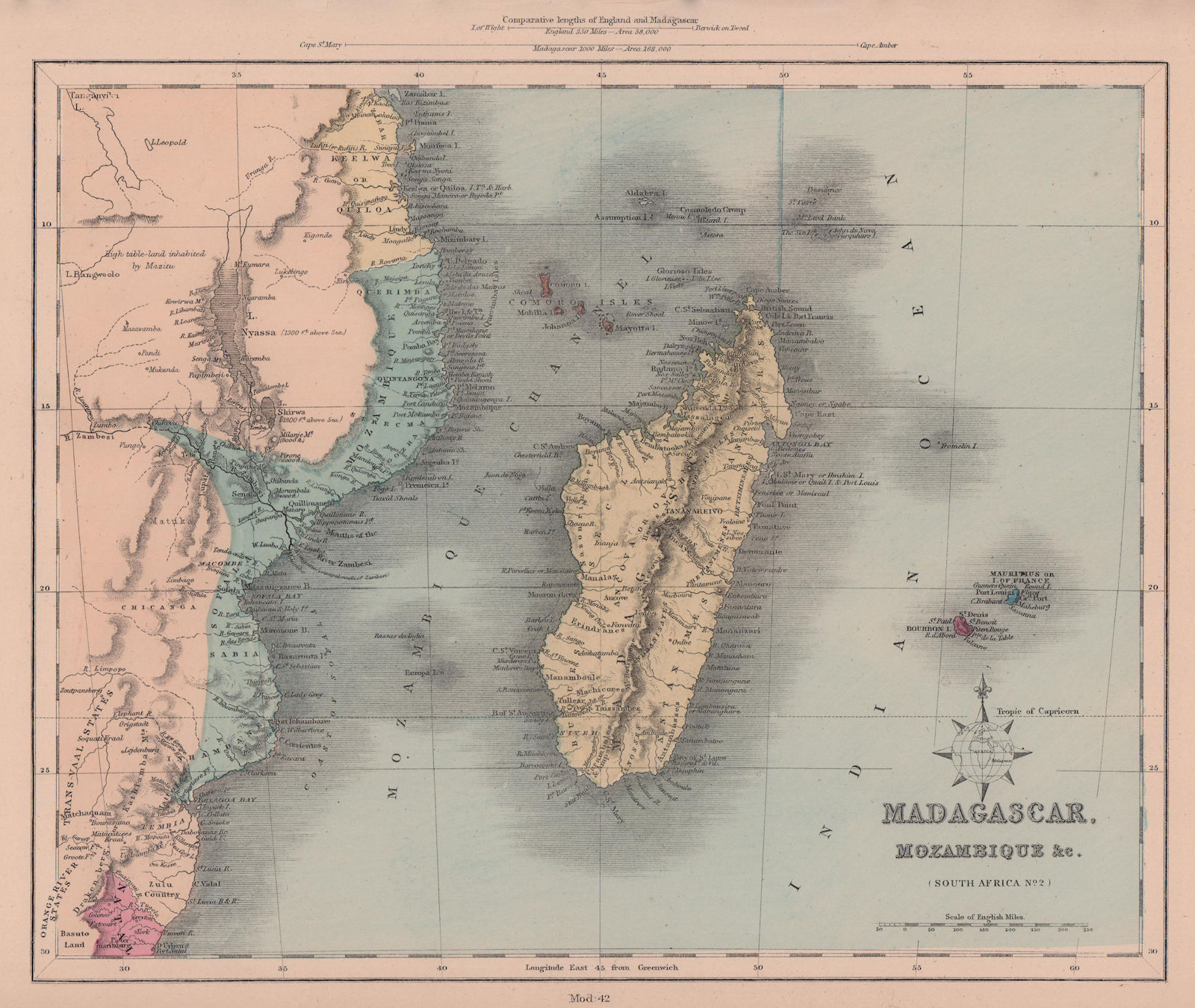 Madagascar & Mozambique channel. Réunion & Mauritius. Zanzibar. HUGHES 1876 map