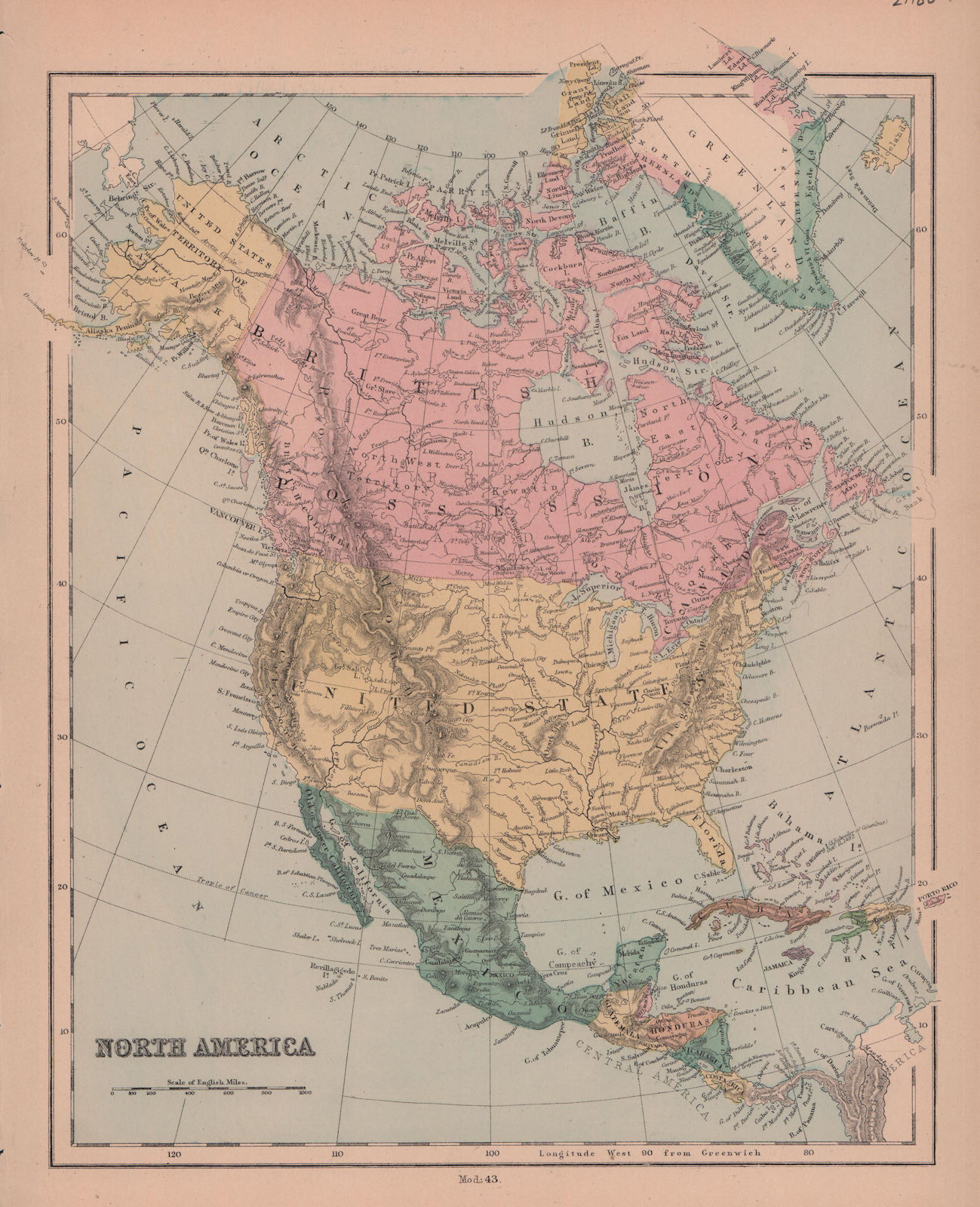 North America. British North America. United States. HUGHES 1876 old map