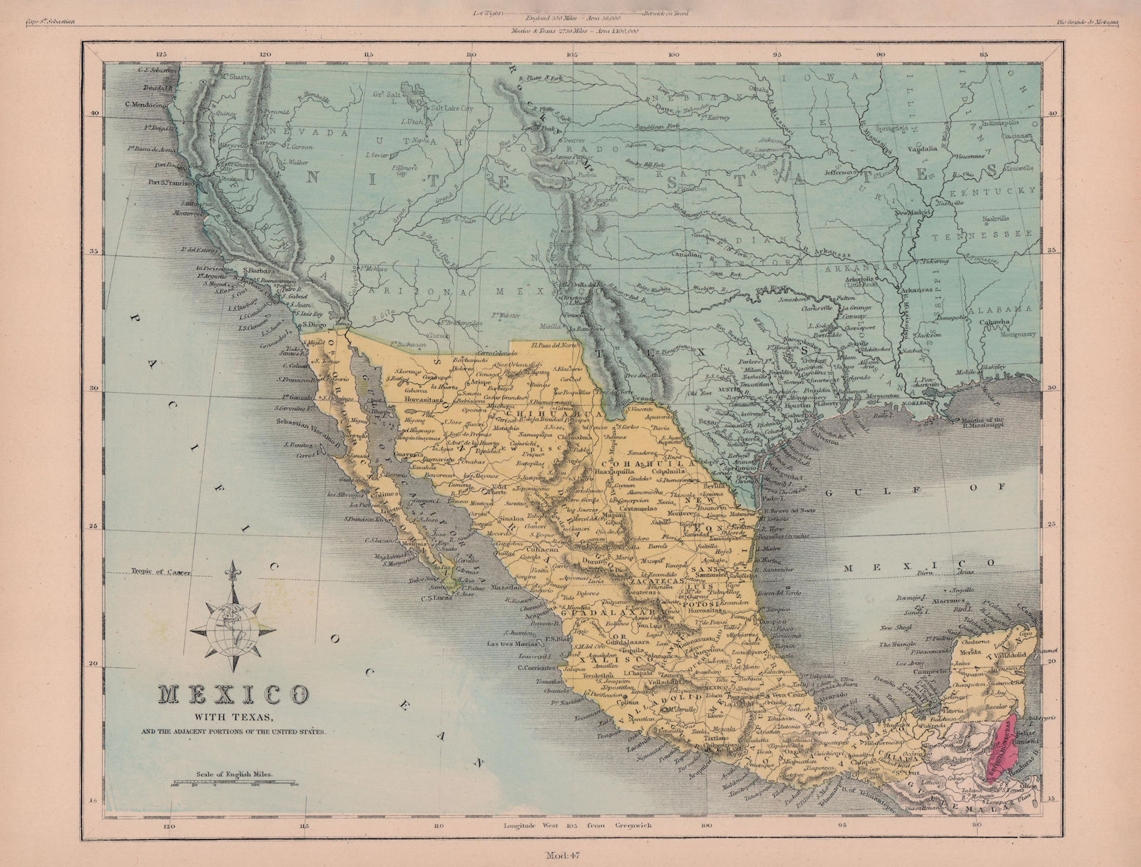 Mexico with Texas and the southern United States. HUGHES 1876 old antique map