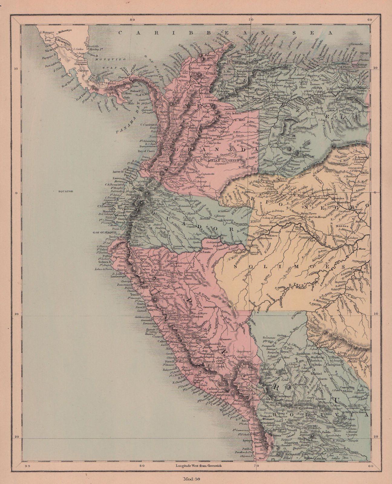 South America north west. Peru Bolivia Ecuador Columbia. HUGHES 1876 old map