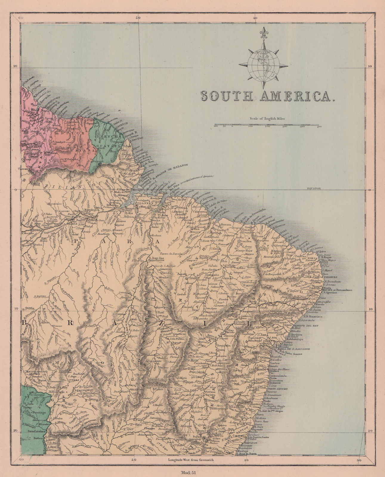 Associate Product South America north east. Brazil & Guianas. HUGHES 1876 old antique map chart