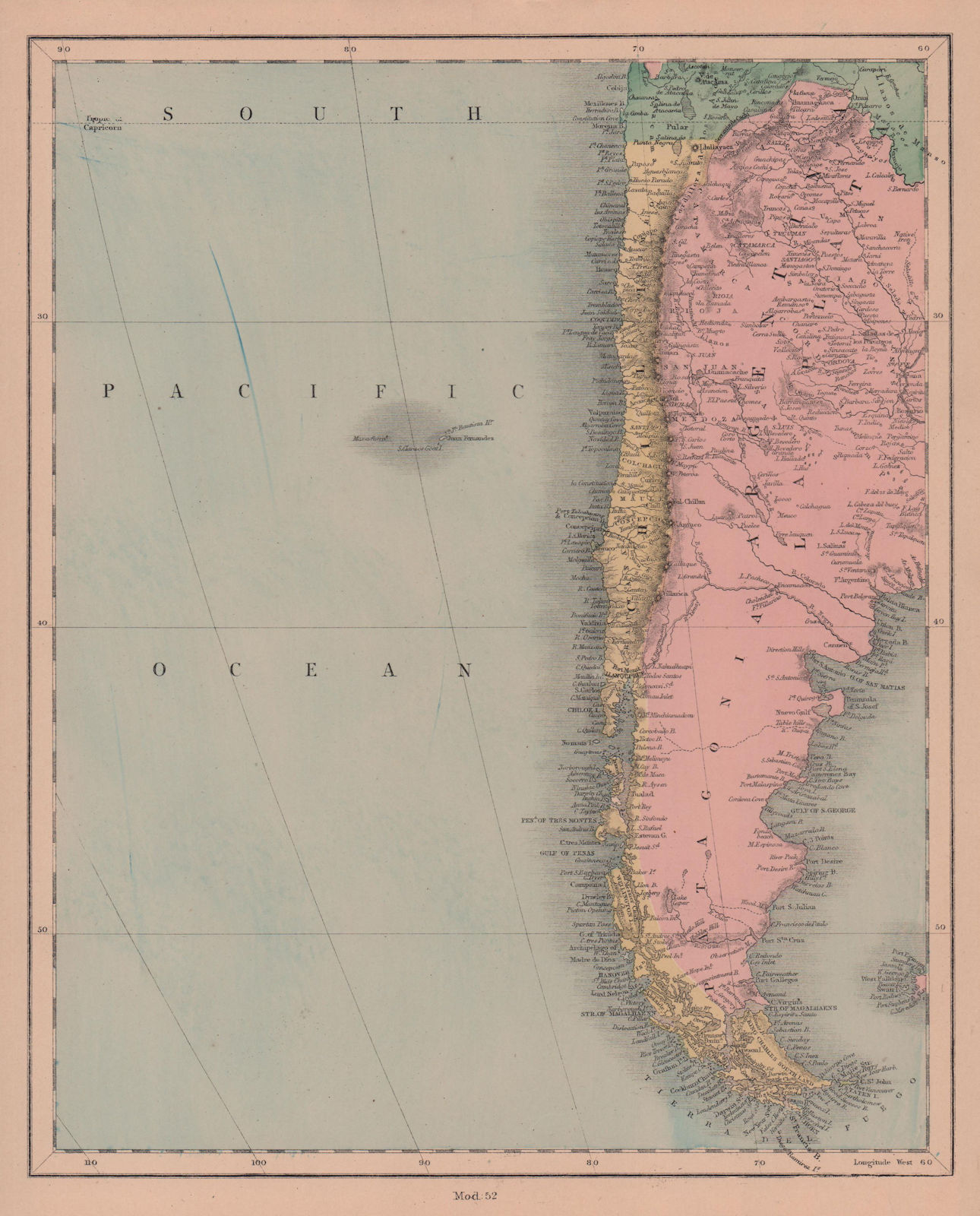 South America south west. Argentina Chile. HUGHES 1876 old antique map chart