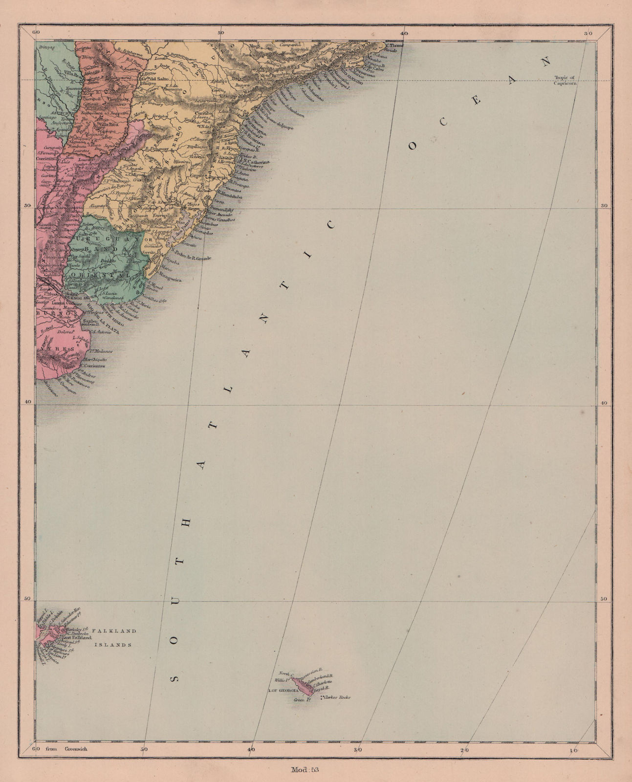 South America south east. Brazil Uruguay Banda Oriental. HUGHES 1876 old map