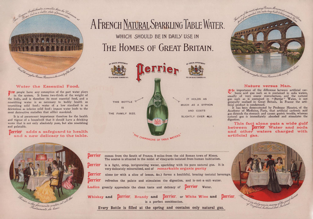 PERRIER ADVERT. A French natural sparkling table water 1906 old antique print
