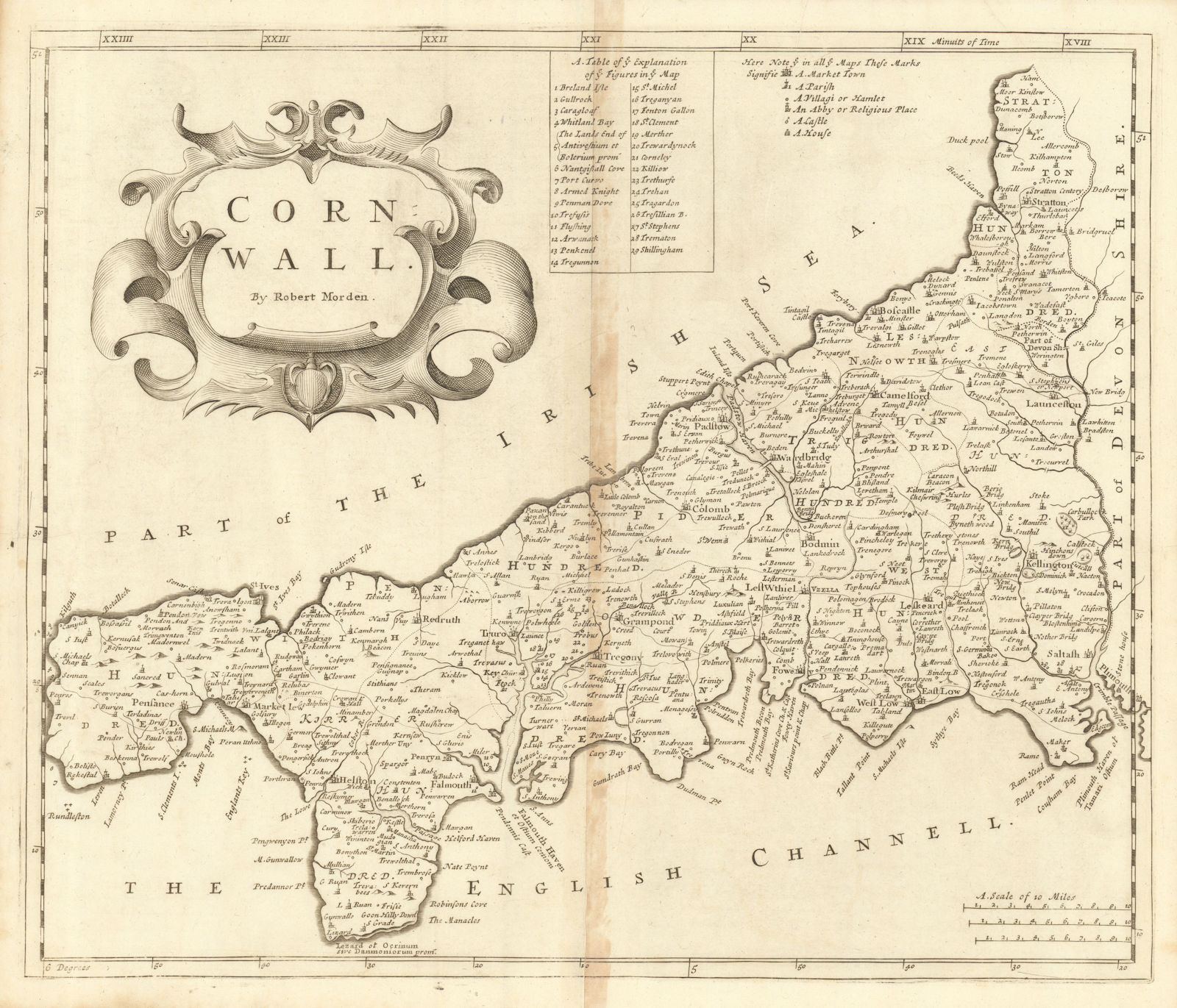CORNWALL by ROBERT MORDEN from Camden's Britannia 1695 old antique map chart