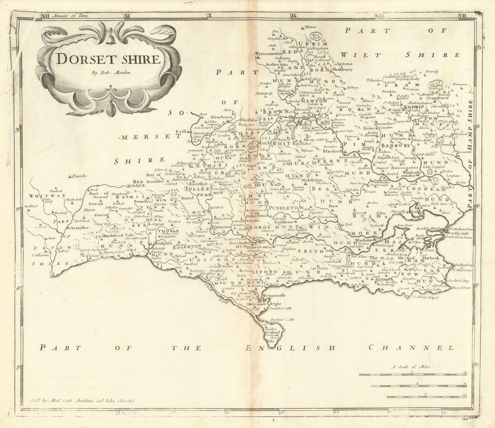 Dorset. 'DORSET SHIRE' by ROBERT MORDEN from Camden's Britannia 1695 old map