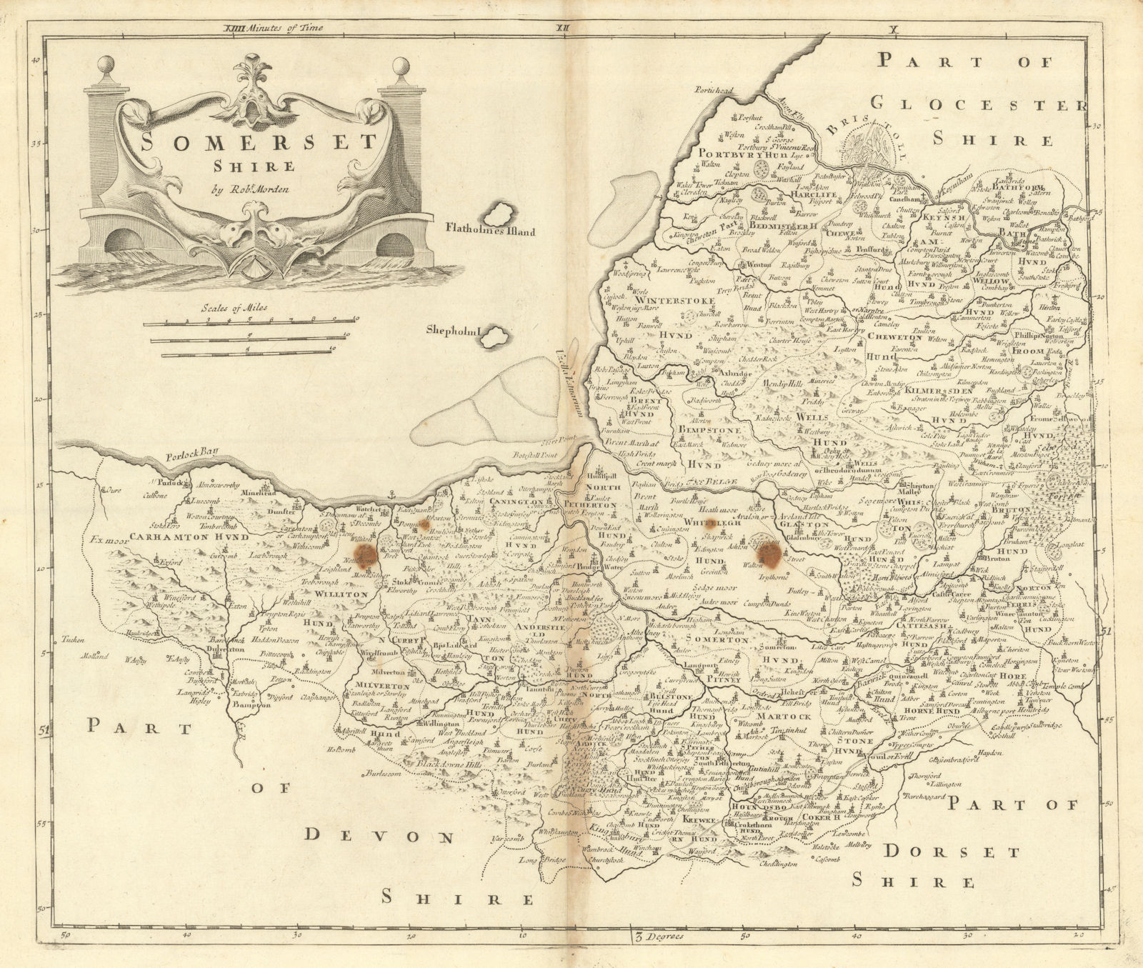 SOMERSET SHIRE by ROBERT MORDEN from Camden's Britannia. Bristol plan 1695 map