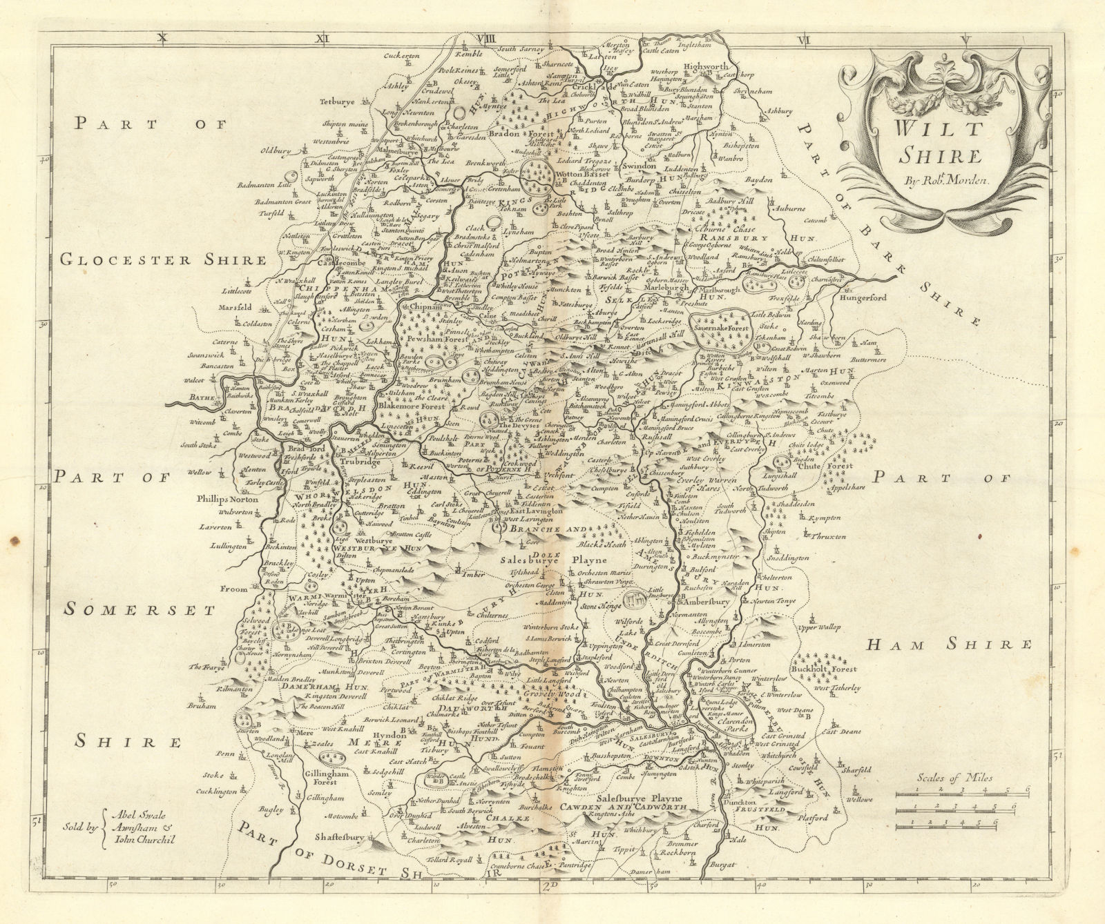 Wiltshire. 'WILT SHIRE' by ROBERT MORDEN from Camden's Britannia 1695 old map